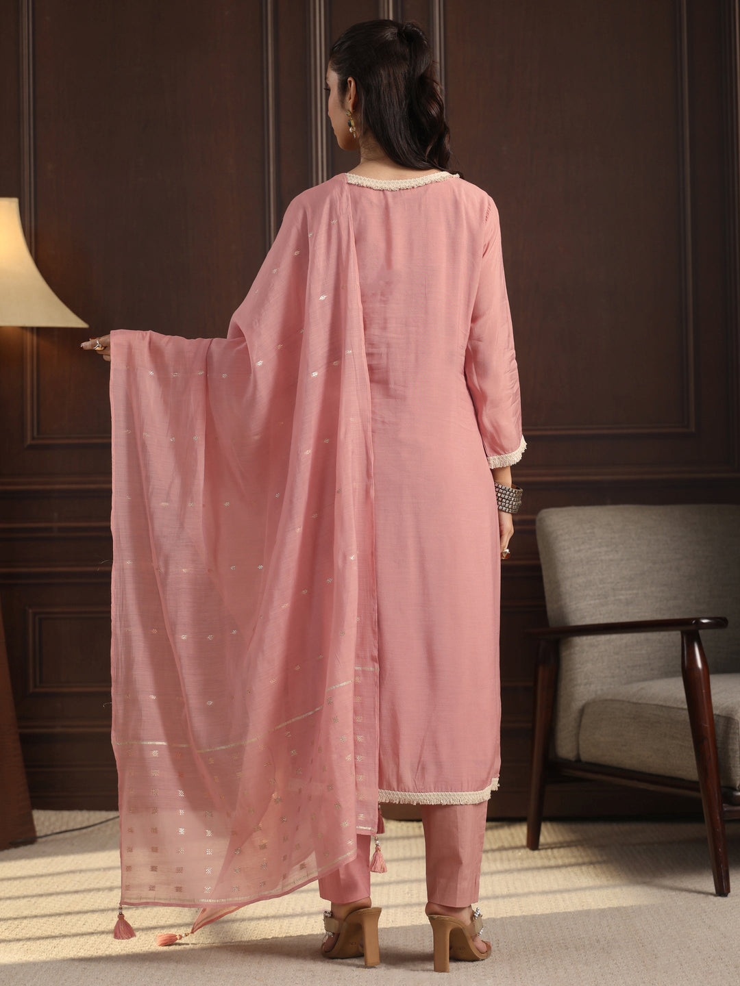 Libas Dusty Pink Floral Embroidered Chanderi Silk Straight Suit Set