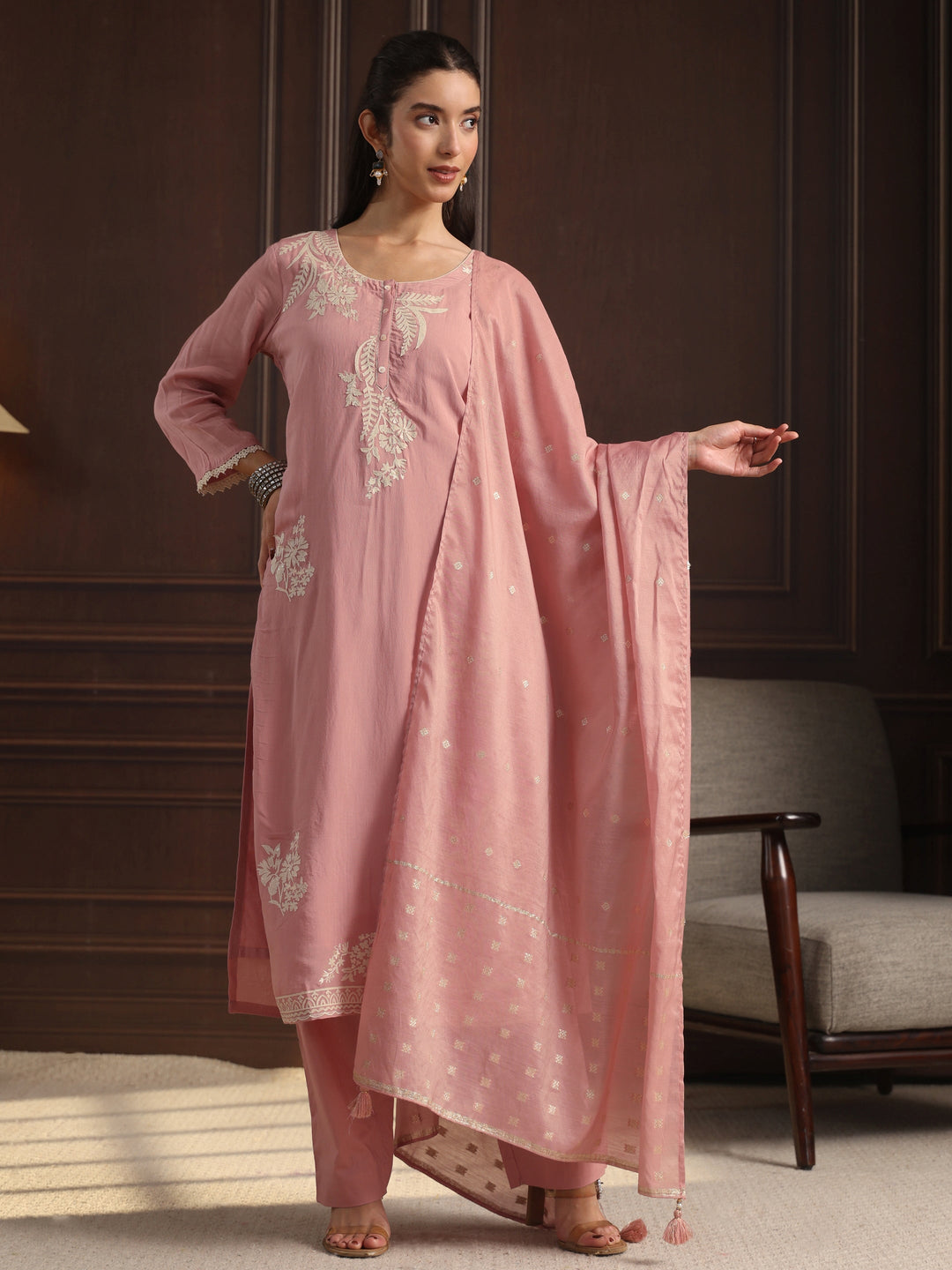 Libas Pink Floral Embroidered Chanderi Silk Straight Suit Set
