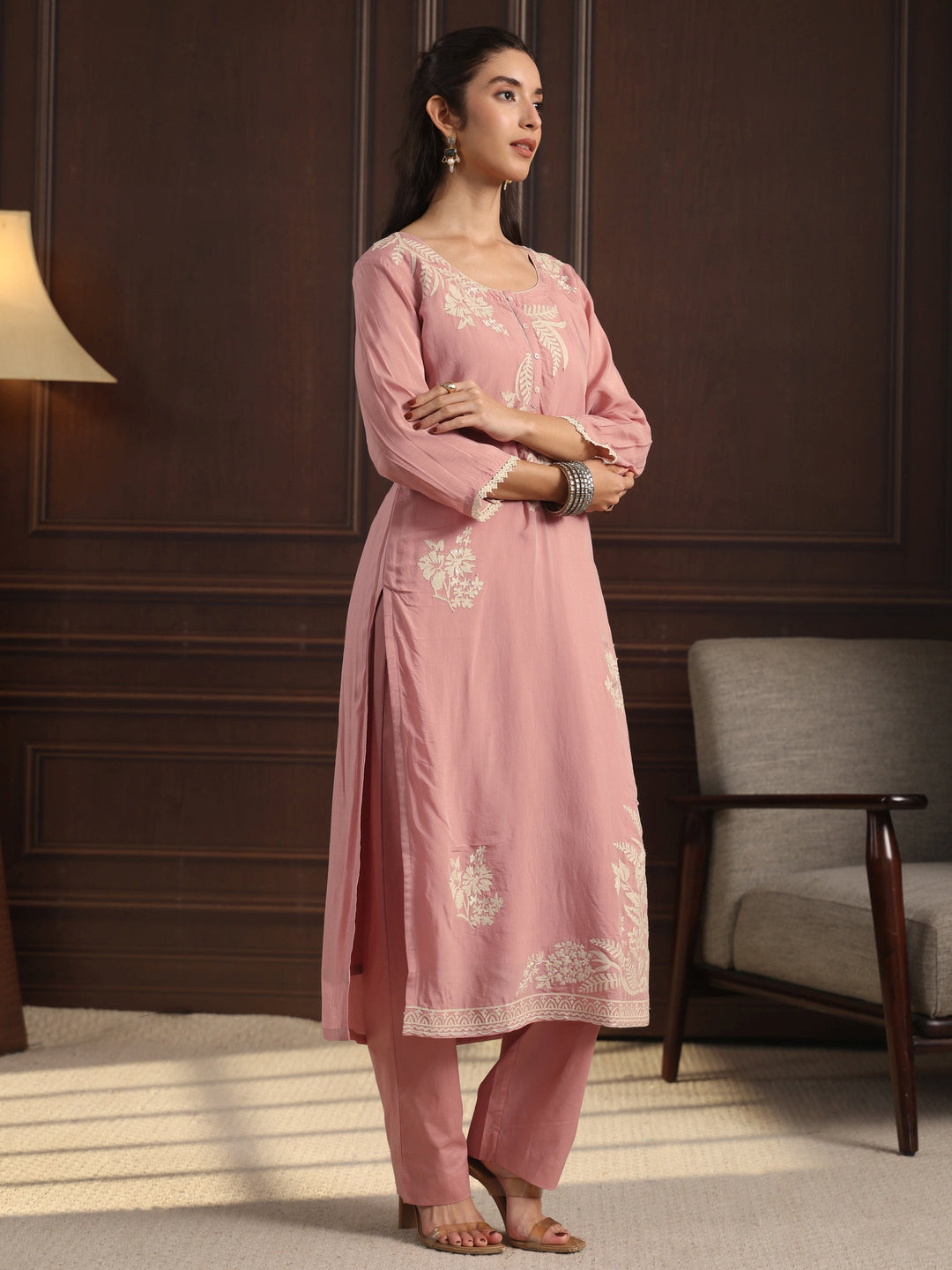 Libas Pink Floral Embroidered Chanderi Silk Straight Suit Set