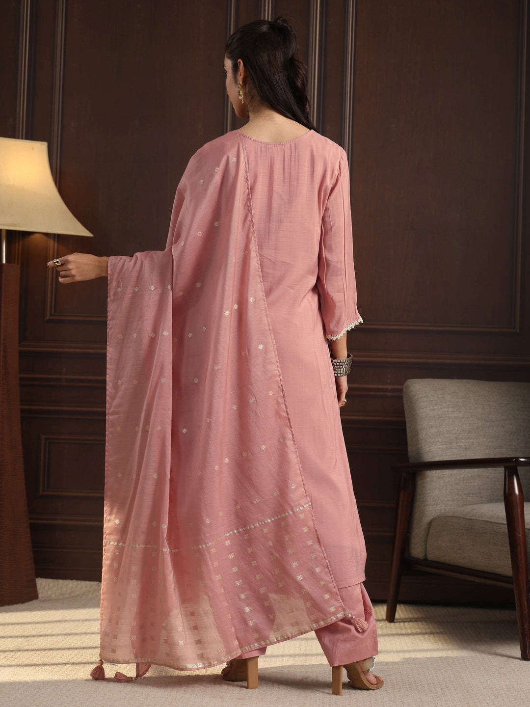Libas Pink Floral Embroidered Chanderi Silk Straight Suit Set