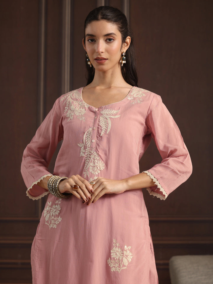 Libas Pink Floral Embroidered Chanderi Silk Straight Suit Set
