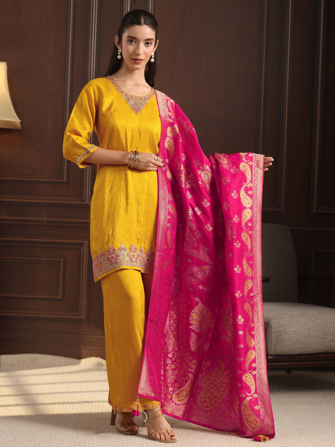 Libas  Mustard Floral Embroidered Silk Blend Palazzo Suit Set