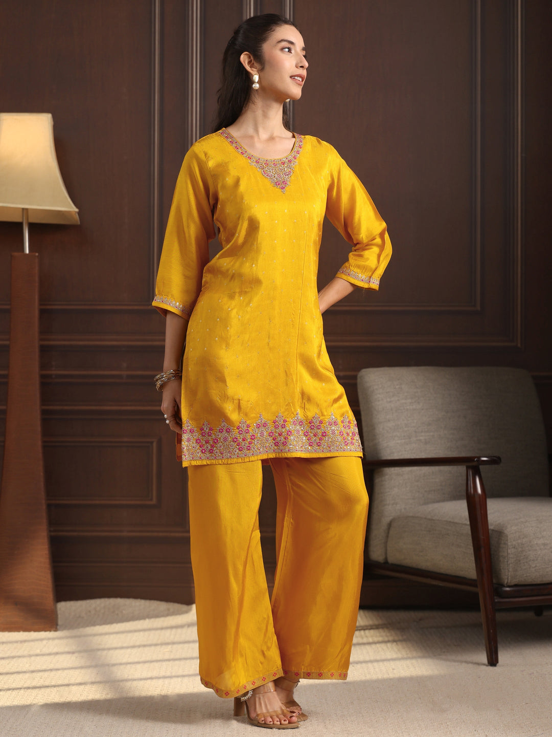 Libas  Mustard Floral Embroidered Silk Blend Palazzo Suit Set