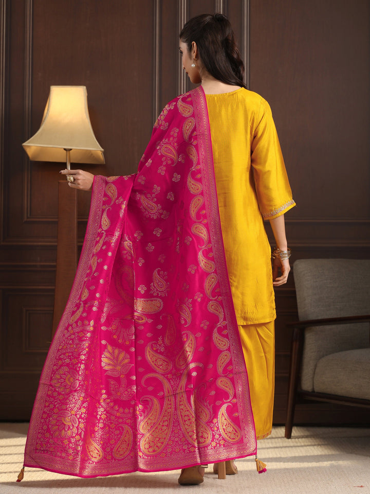 Libas  Mustard Floral Embroidered Silk Blend Palazzo Suit Set