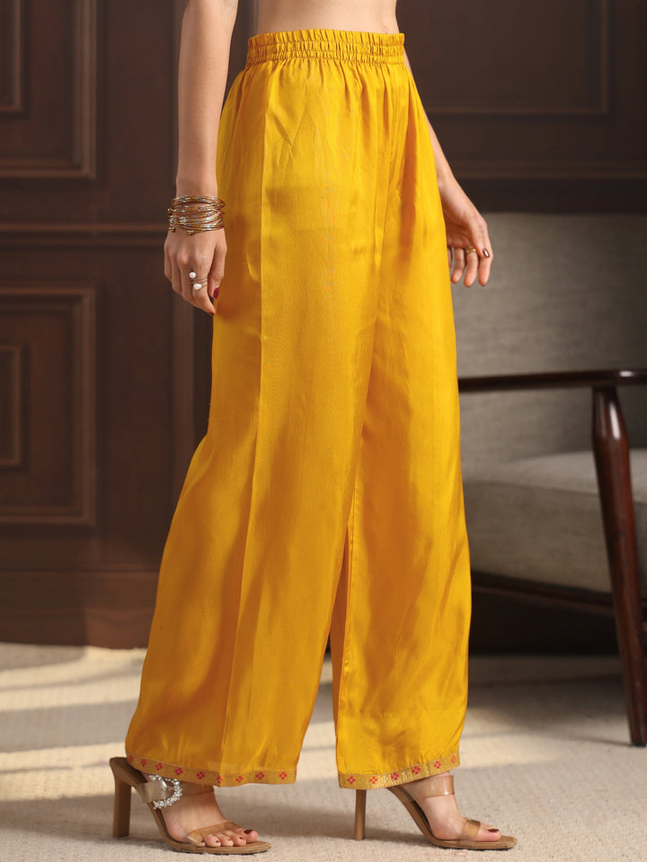 Libas  Mustard Floral Embroidered Silk Blend Palazzo Suit Set