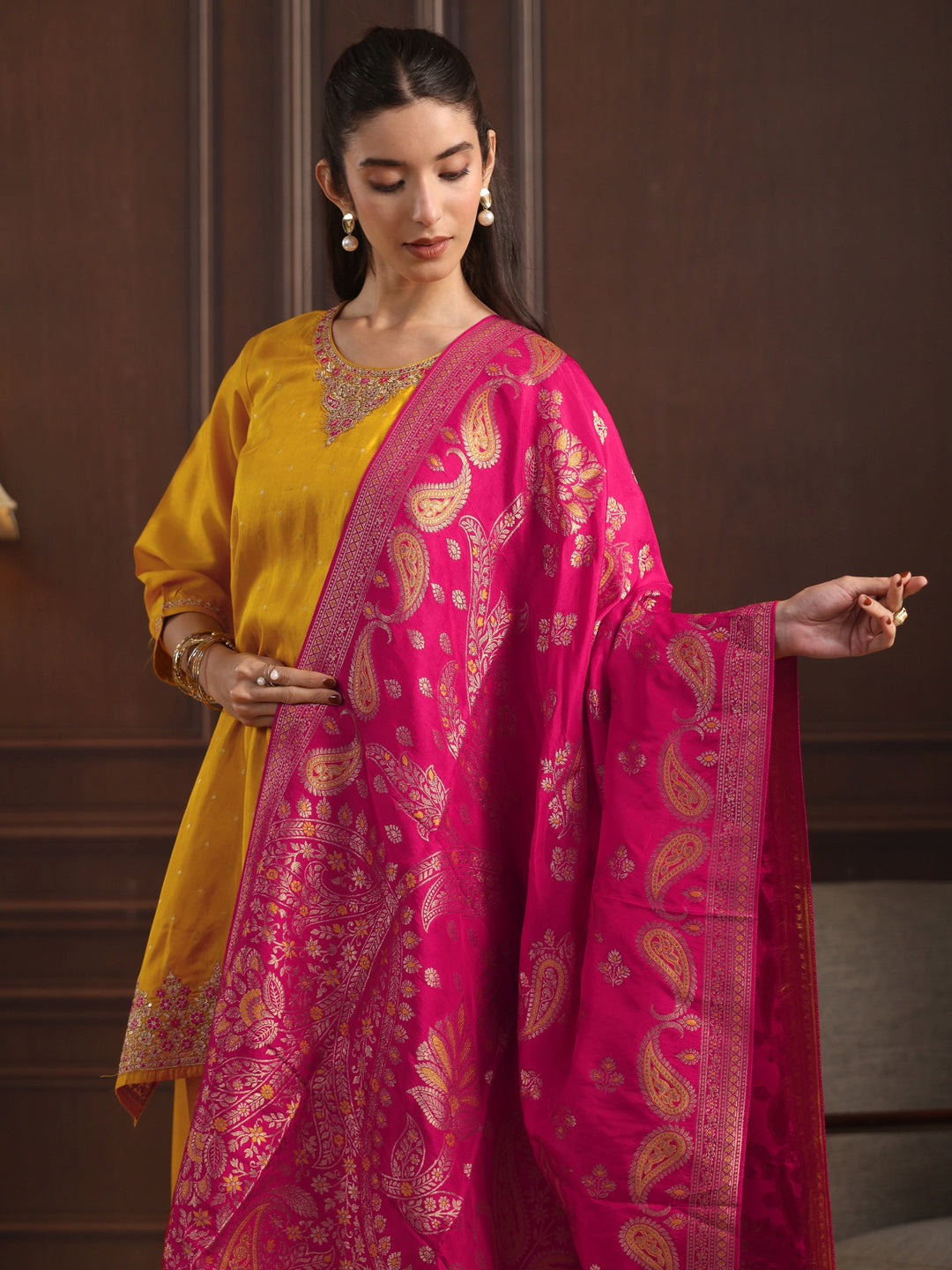 Libas  Mustard Floral Embroidered Silk Blend Palazzo Suit Set