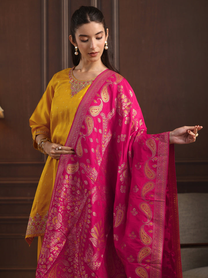 Libas  Mustard Floral Embroidered Silk Blend Palazzo Suit Set