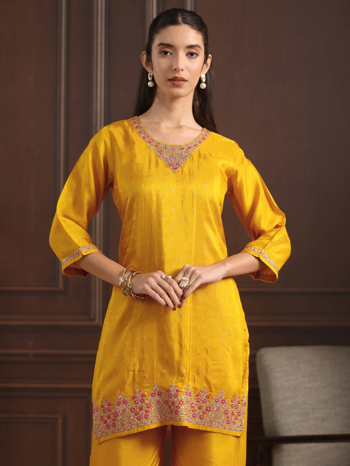 Libas  Mustard Floral Embroidered Silk Blend Palazzo Suit Set