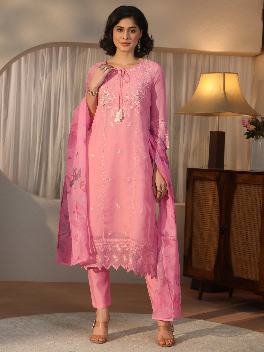 Libas Pink Floral Embroidered Organza Palazzo Suit Set