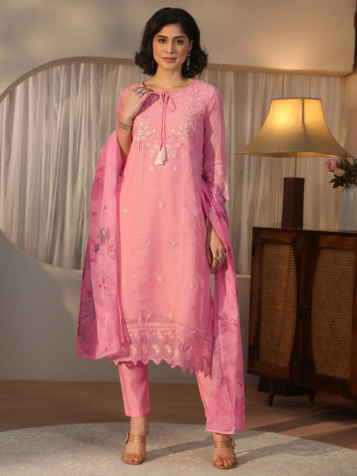 Libas Pink Floral Embroidered Organza Palazzo Suit Set