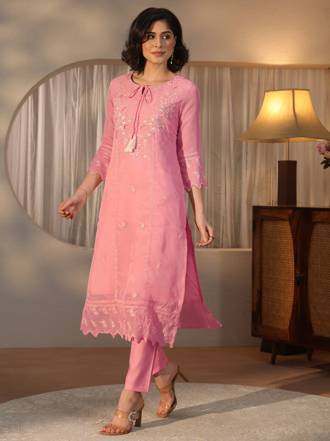 Libas Pink Floral Embroidered Organza Palazzo Suit Set