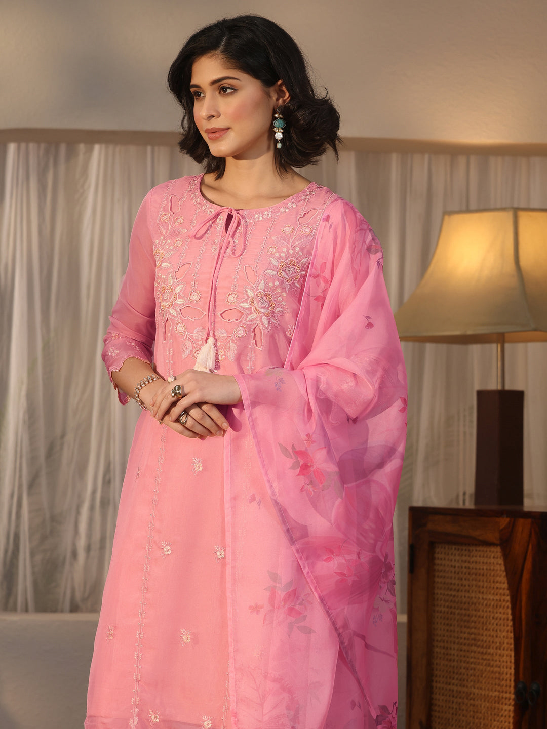 Libas Pink Floral Embroidered Organza Palazzo Suit Set