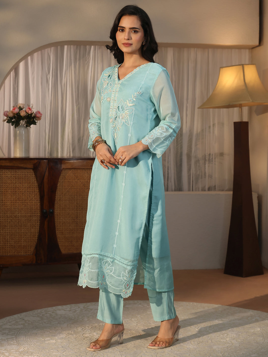 Libas Blue Floral Embroidered Organza Straight Suit Set