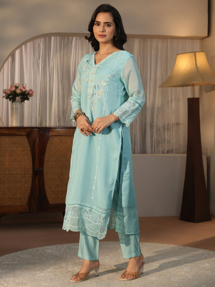 Libas Blue Floral Embroidered Organza Straight Suit Set
