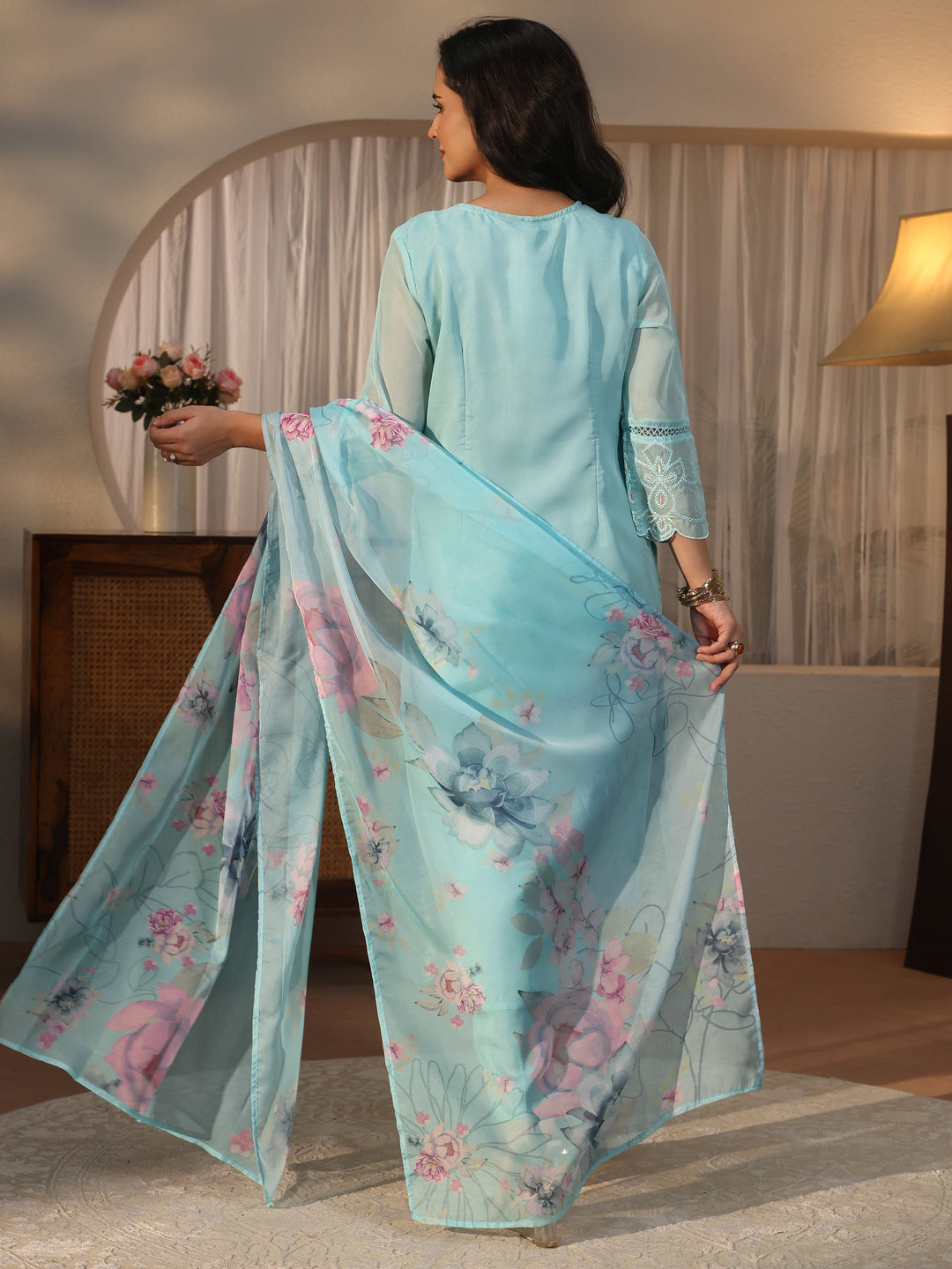 Libas Blue Floral Embroidered Organza Straight Suit Set