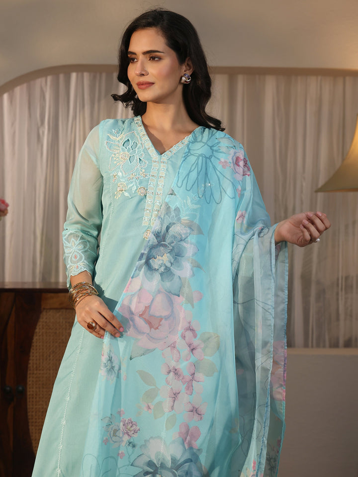 Libas Blue Floral Embroidered Organza Straight Suit Set