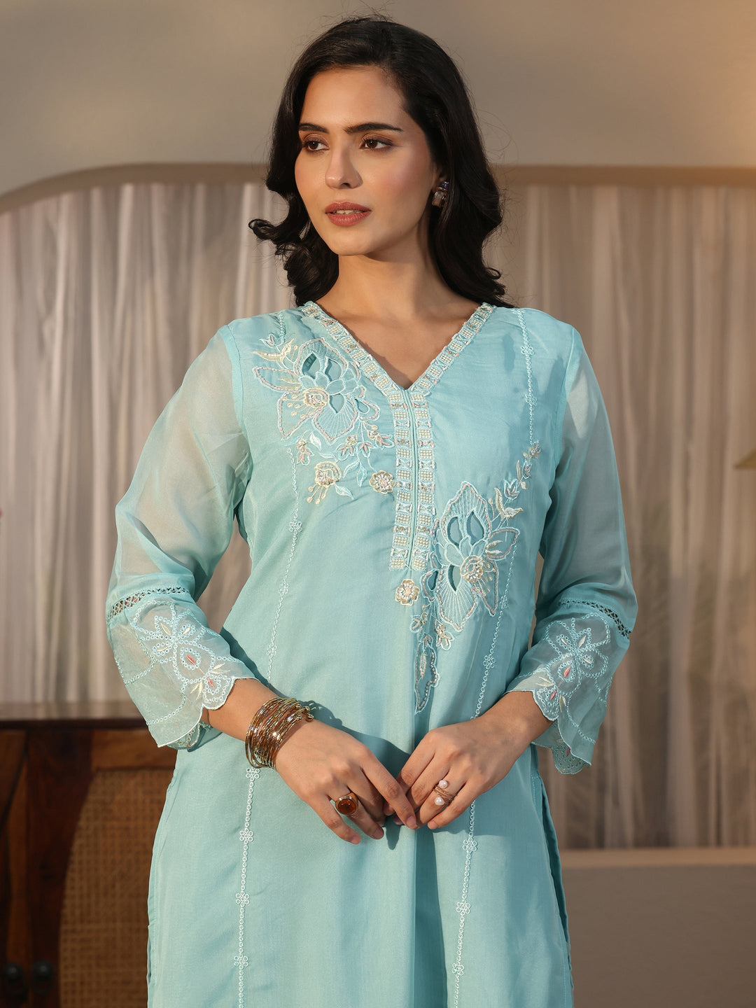 Libas Blue Floral Embroidered Organza Straight Suit Set