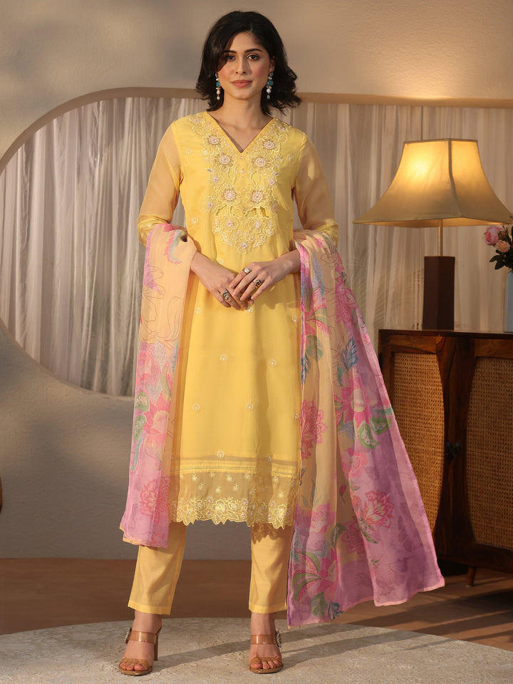 Libas Yellow Floral Embroidered Organza Straight Suit Set