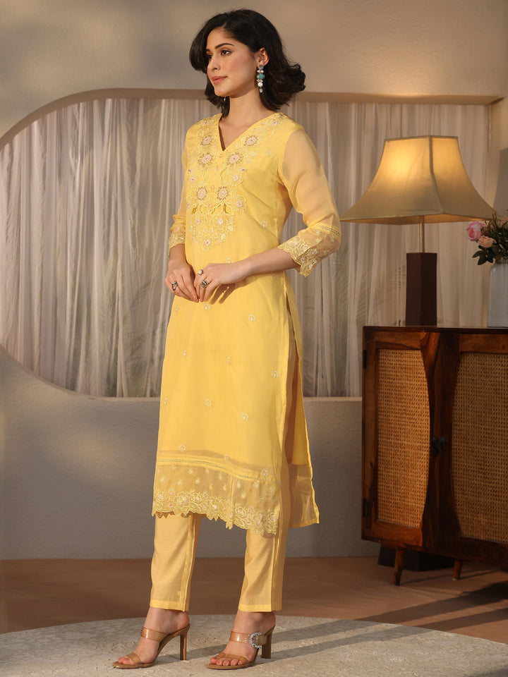 Libas Yellow Floral Embroidered Organza Straight Suit Set