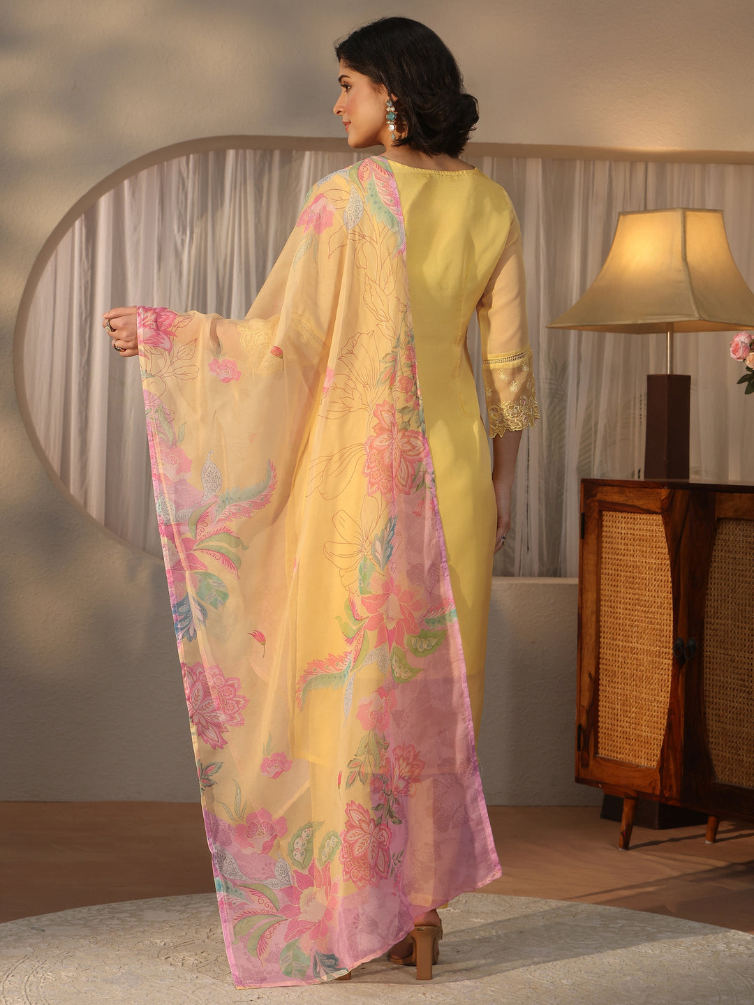 Libas Yellow Floral Embroidered Organza Straight Suit Set
