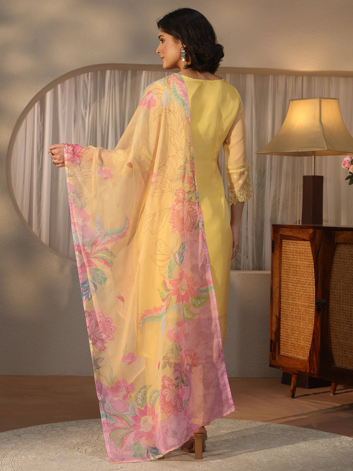 Libas Yellow Floral Embroidered Organza Straight Suit Set