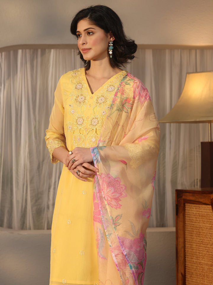 Libas Yellow Floral Embroidered Organza Straight Suit Set