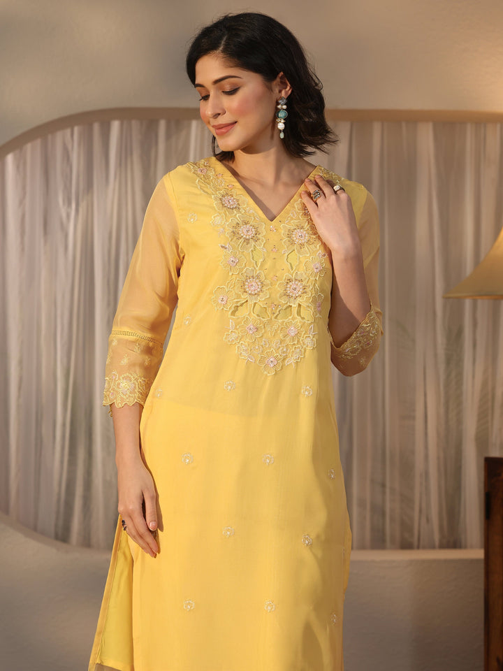Libas Yellow Floral Embroidered Organza Straight Suit Set