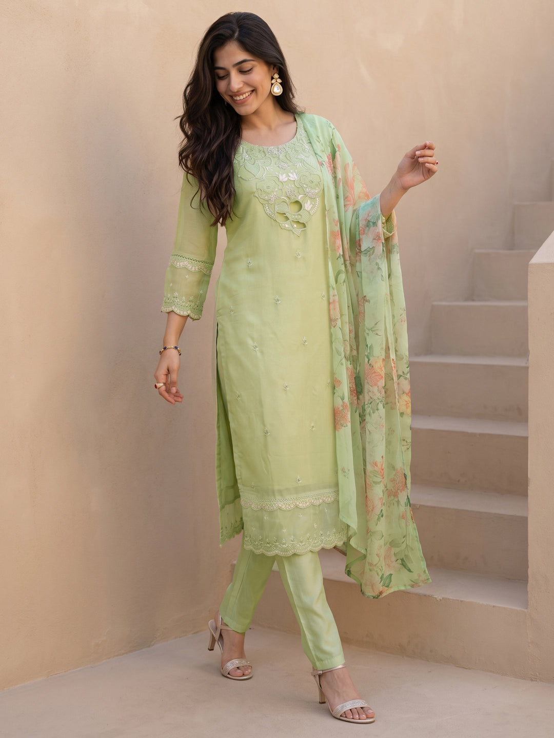 Libas Green Floral Embroidered Organza Straight Suit Set