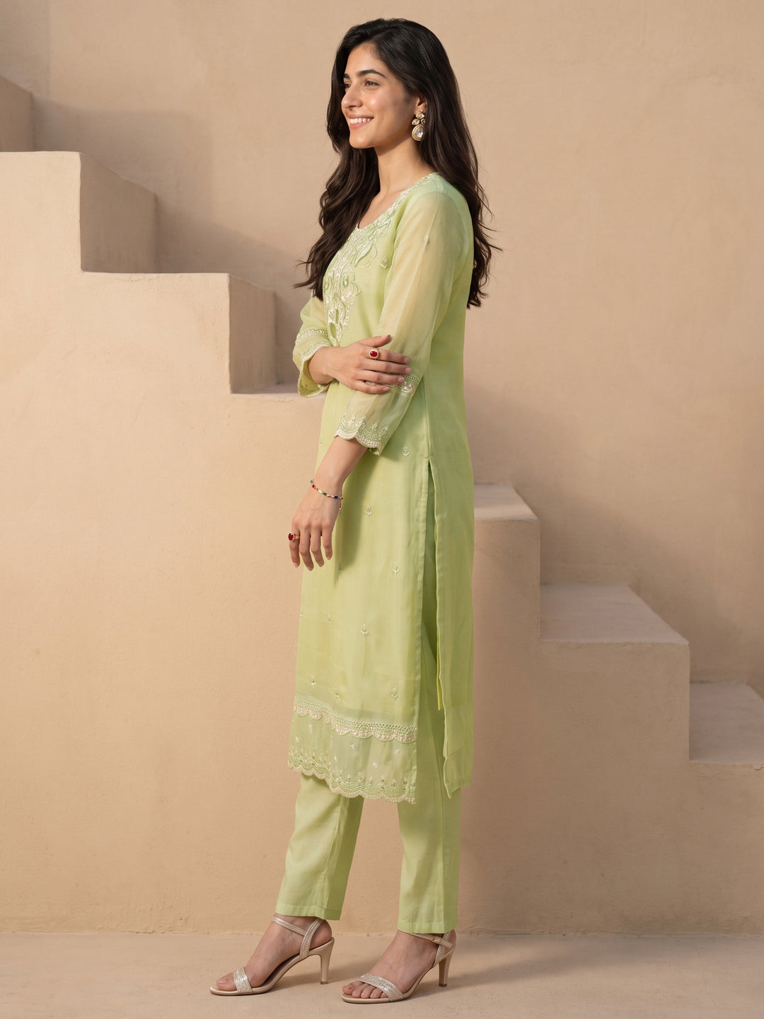 Libas Green Floral Embroidered Organza Straight Suit Set