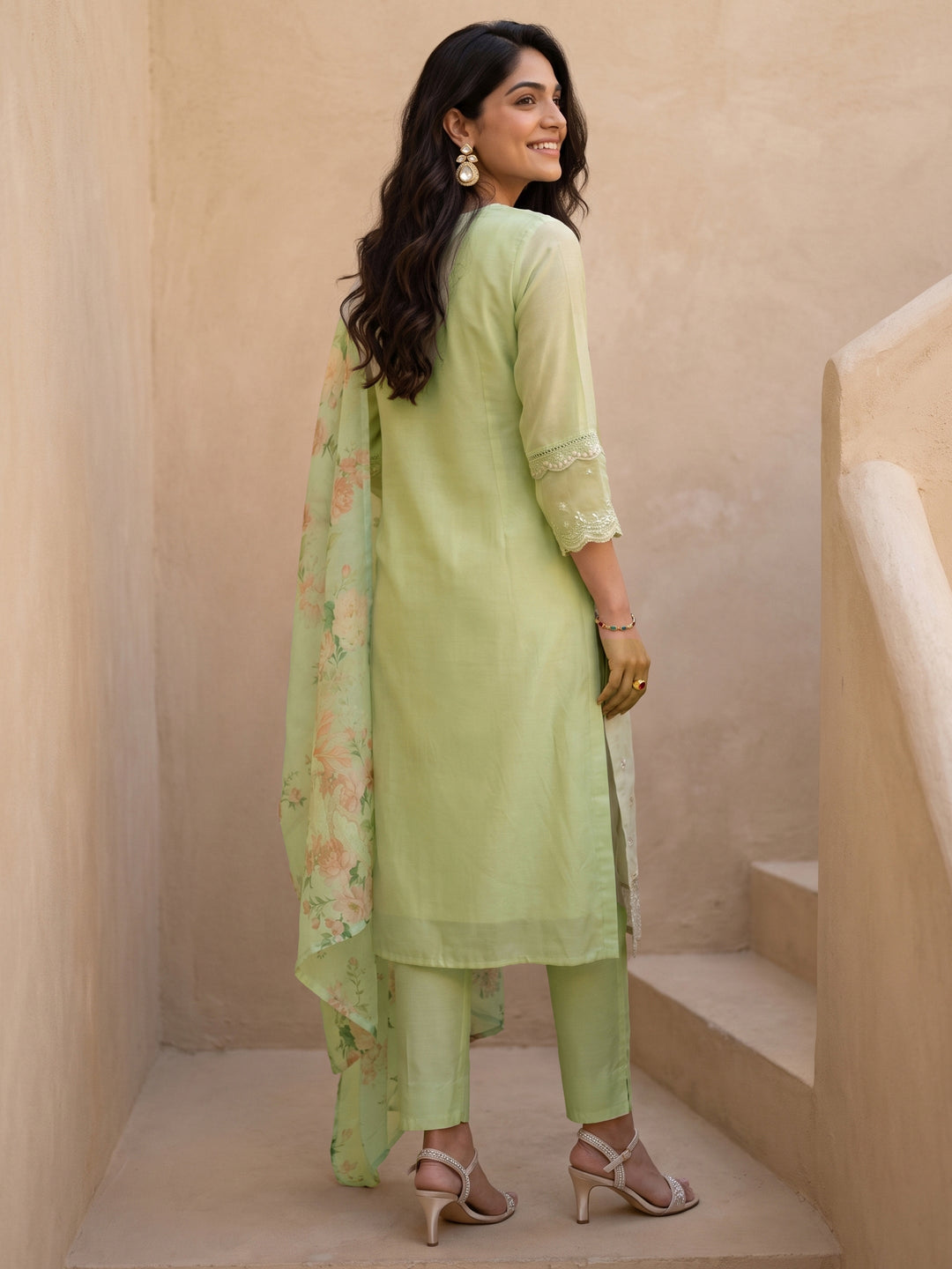 Libas Green Floral Embroidered Organza Straight Suit Set