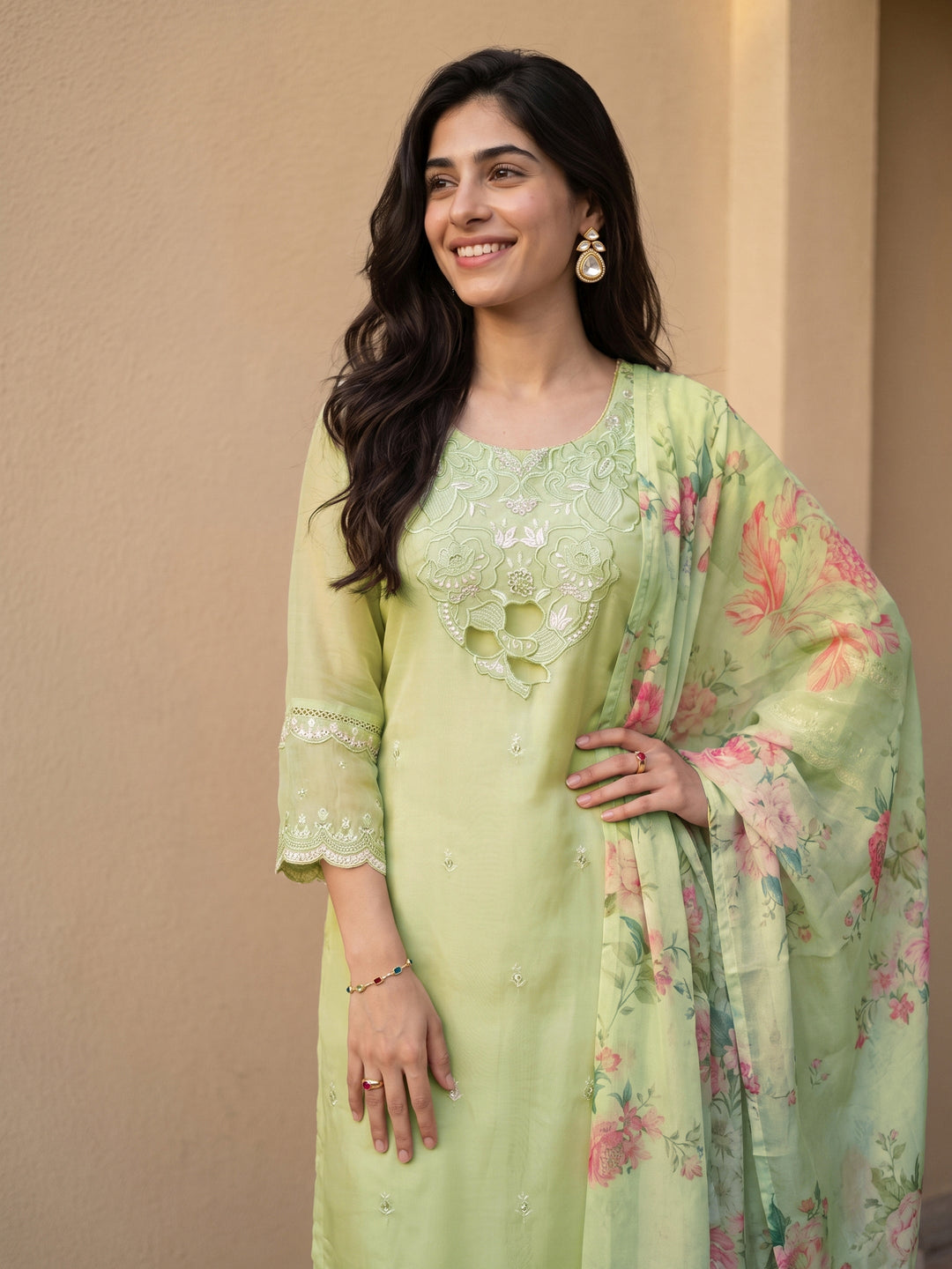 Libas Green Floral Embroidered Organza Straight Suit Set