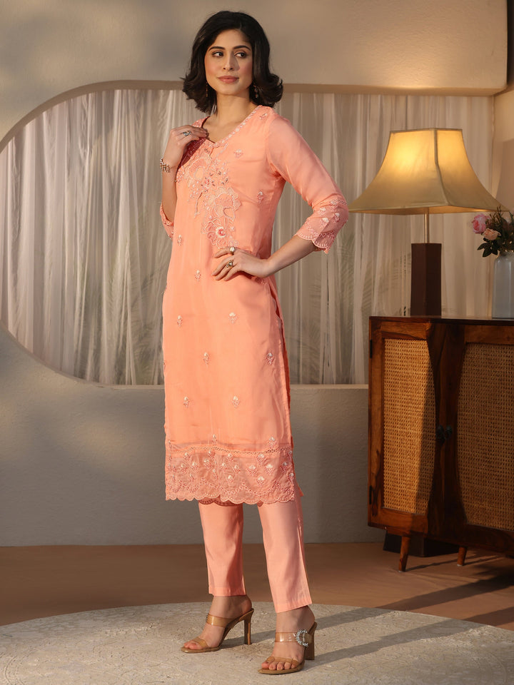 Libas Peach Floral Embroidered Organza Straight Suit Set