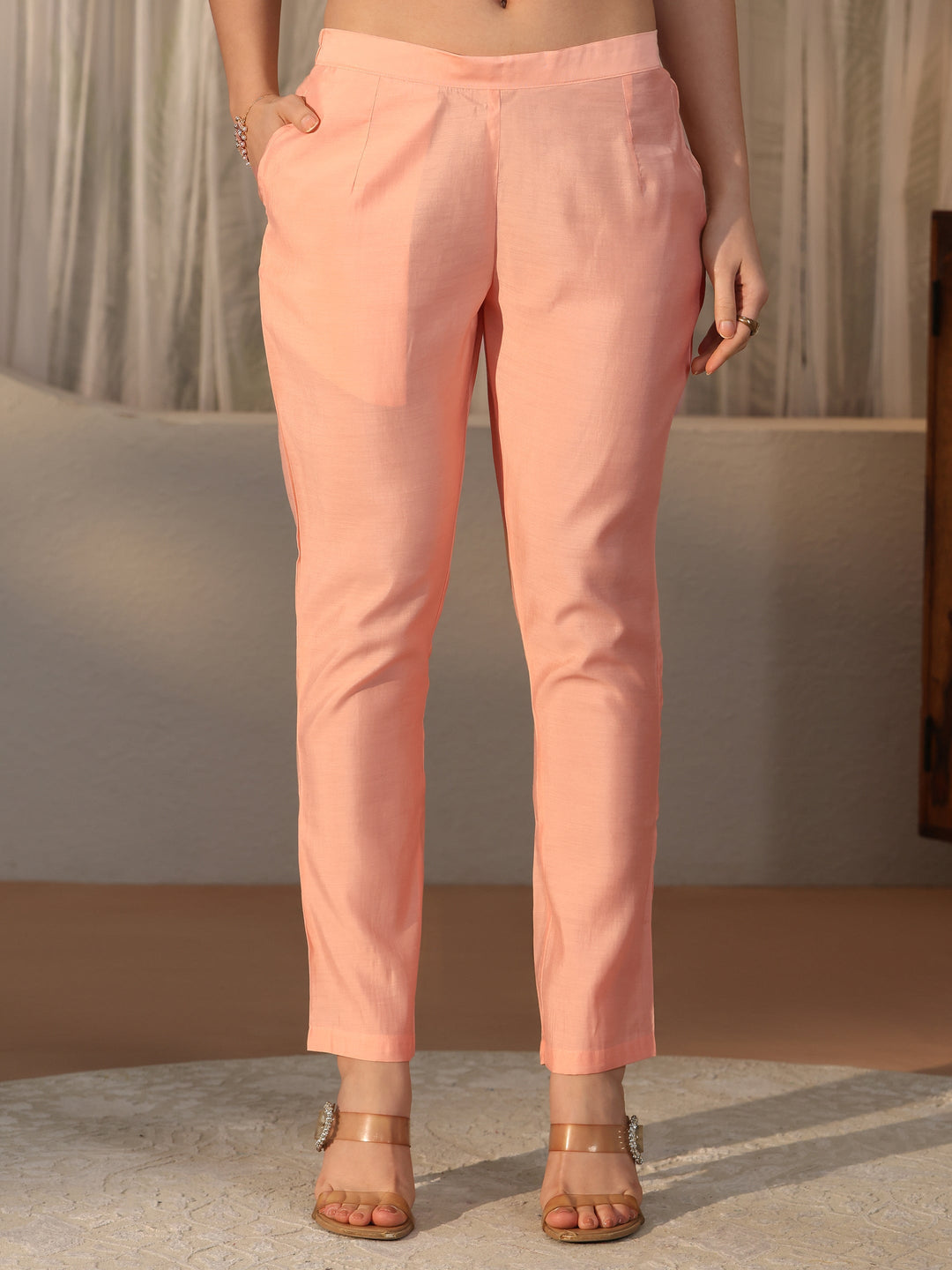 Libas Peach Floral Embroidered Organza Straight Suit Set
