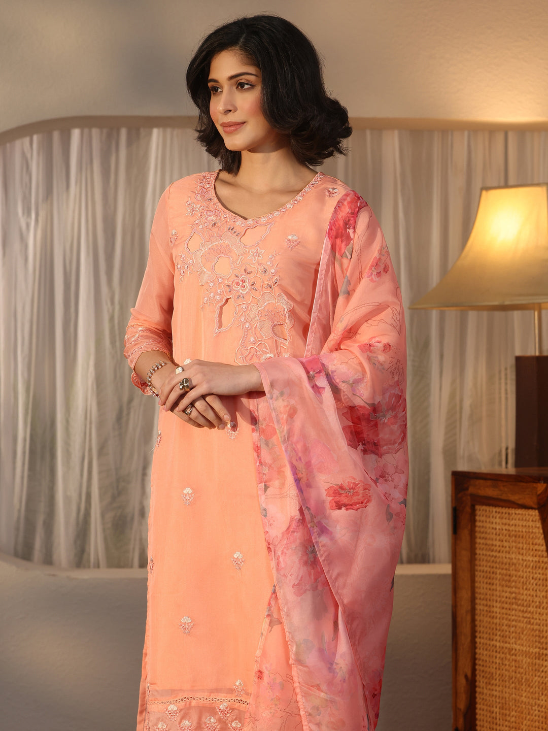 Libas Peach Floral Embroidered Organza Straight Suit Set