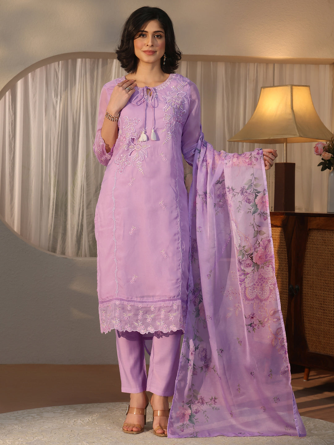 Libas Lavender Floral Embroidered Organza Straight Suit Set