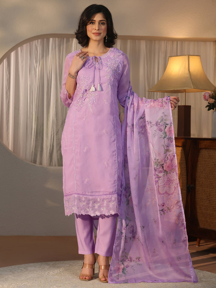Libas Lavender Floral Embroidered Organza Straight Suit Set