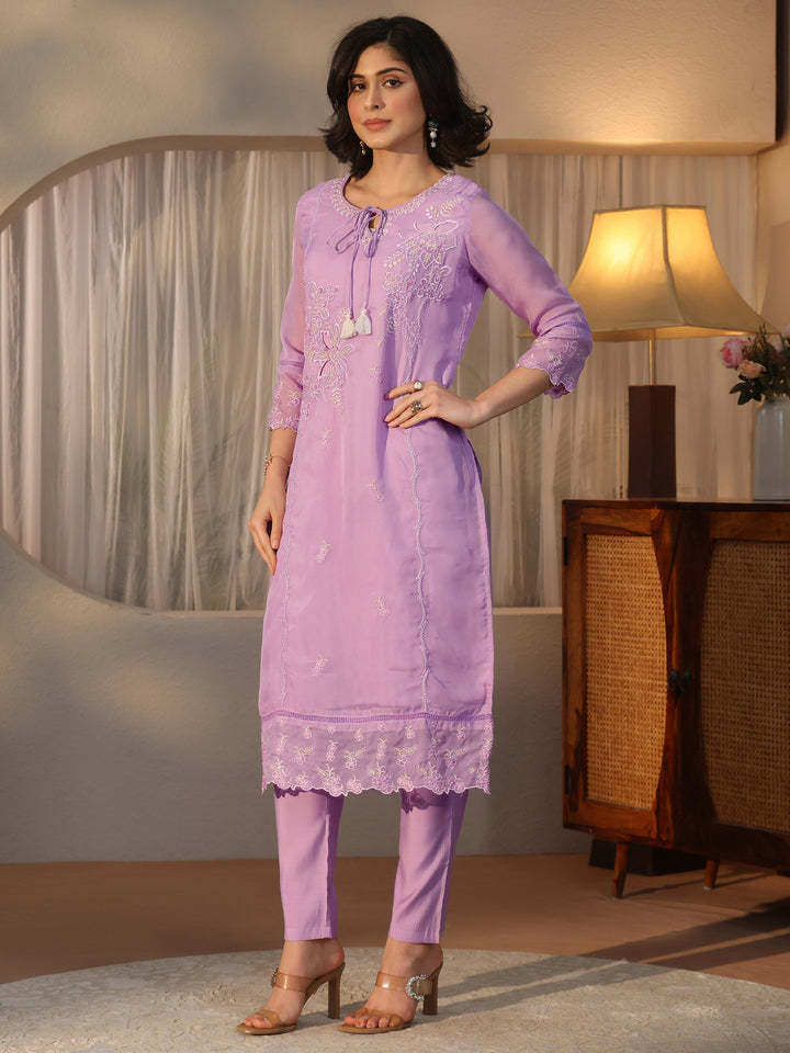 Libas Lavender Floral Embroidered Organza Straight Suit Set