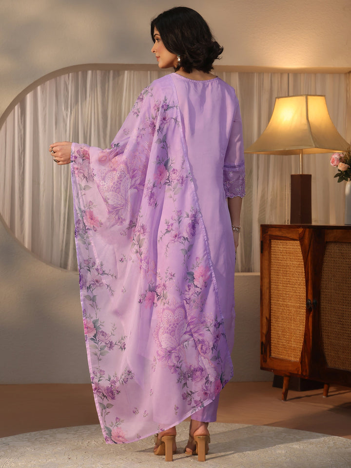 Libas Lavender Floral Embroidered Organza Straight Suit Set