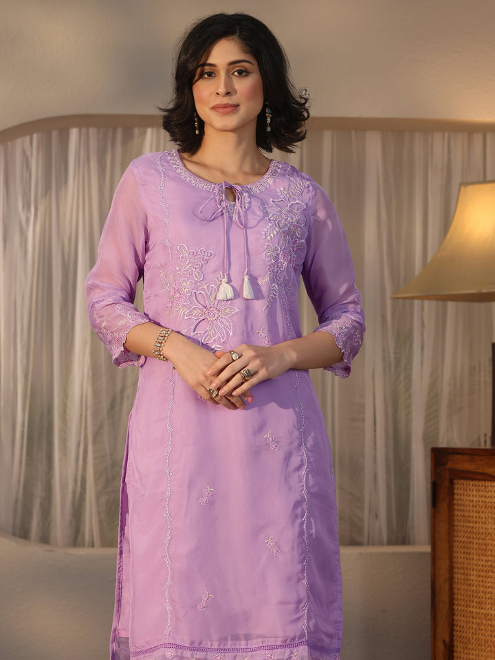 Libas Lavender Floral Embroidered Organza Straight Suit Set