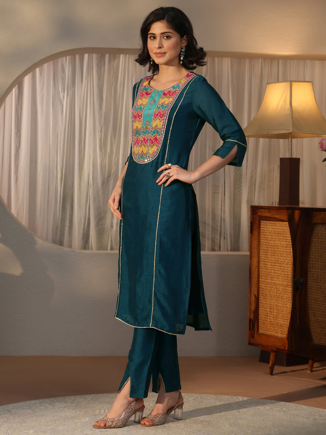 Libas Teal Blue Yoke Design Silk Blend Straight Suit Set