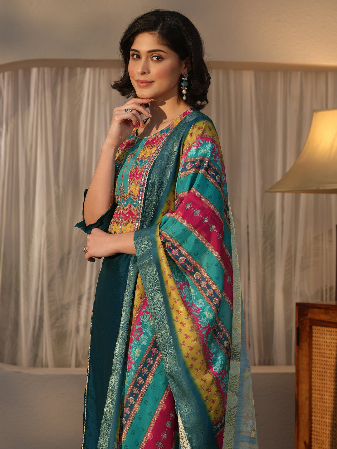 Libas Teal Blue Yoke Design Silk Blend Straight Suit Set