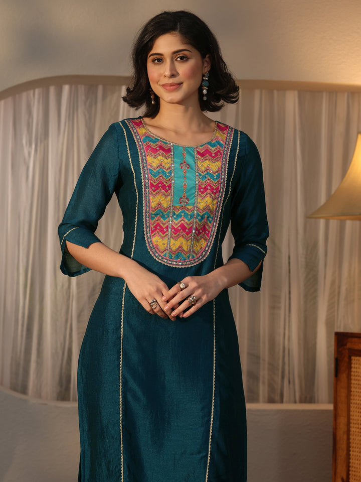 Libas Teal Blue Yoke Design Silk Blend Straight Suit Set