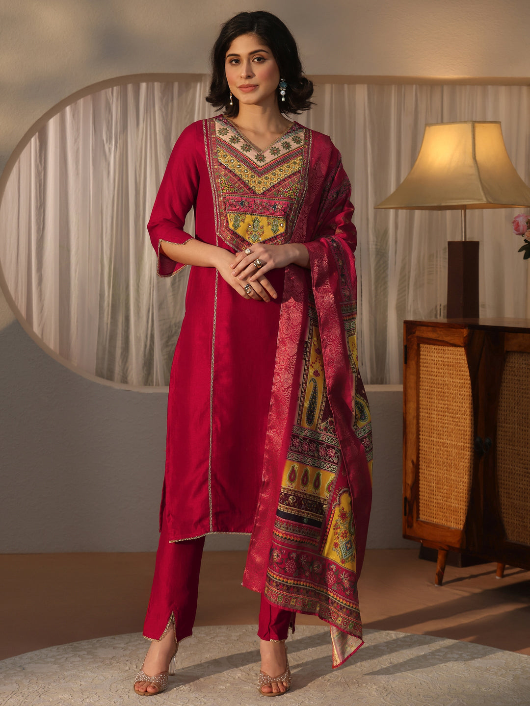 Libas Pink Yoke Design Silk Blend Straight Suit Set