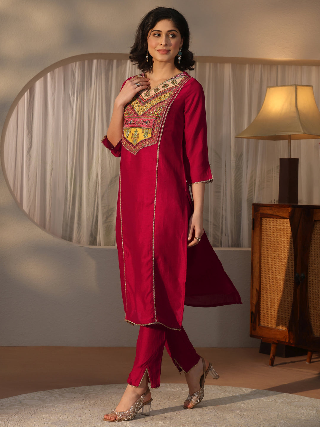 Libas Pink Yoke Design Silk Blend Straight Suit Set