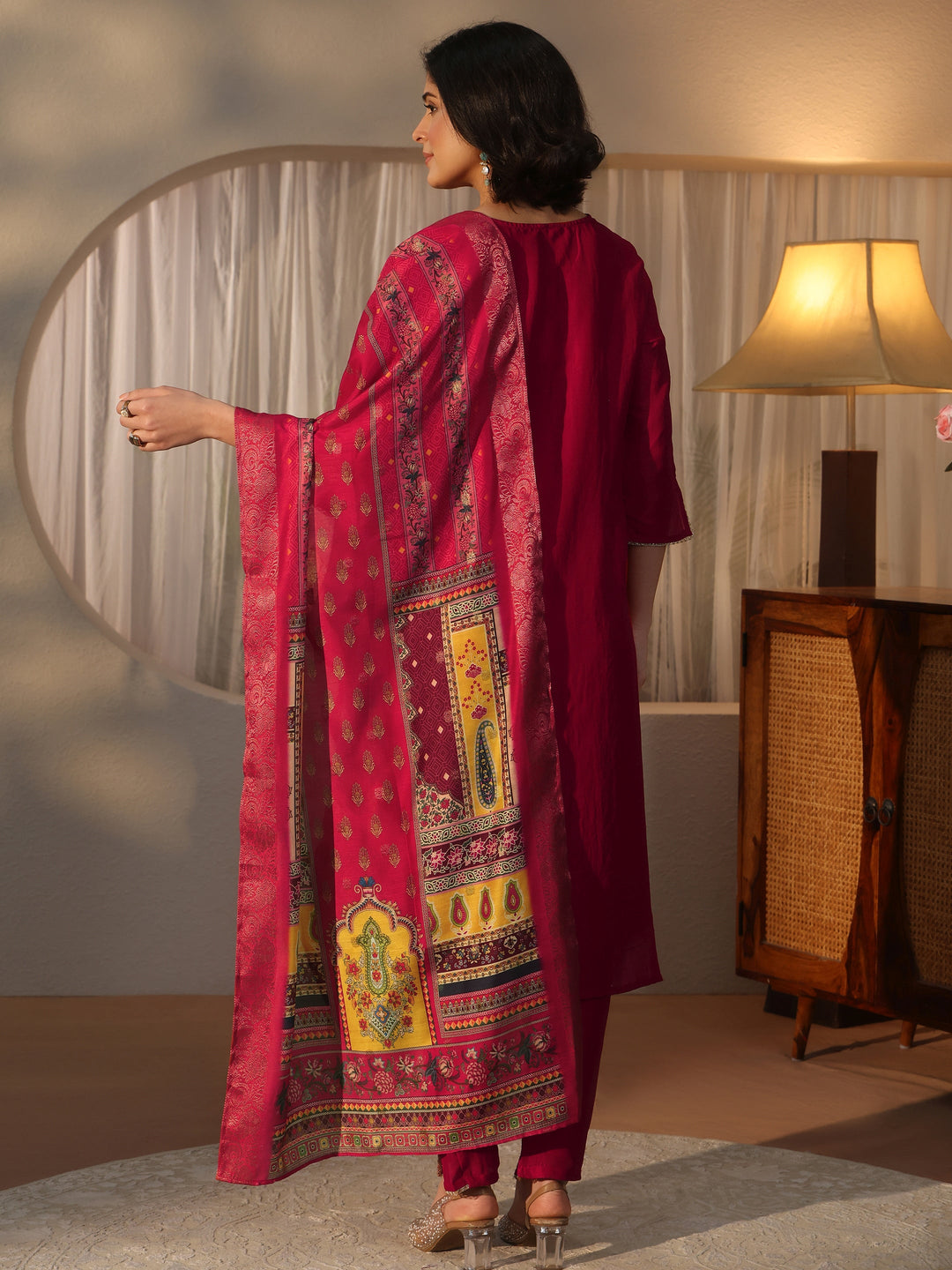 Libas Pink Yoke Design Silk Blend Straight Suit Set