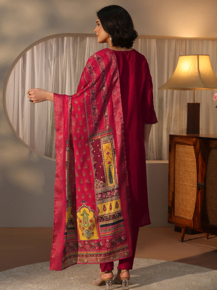 Libas Pink Yoke Design Silk Blend Straight Suit Set