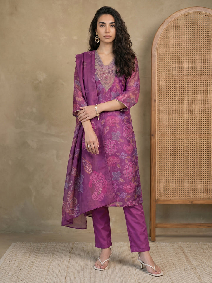 Libas Purple Bandhani Printed Tissue Straight Suit Set