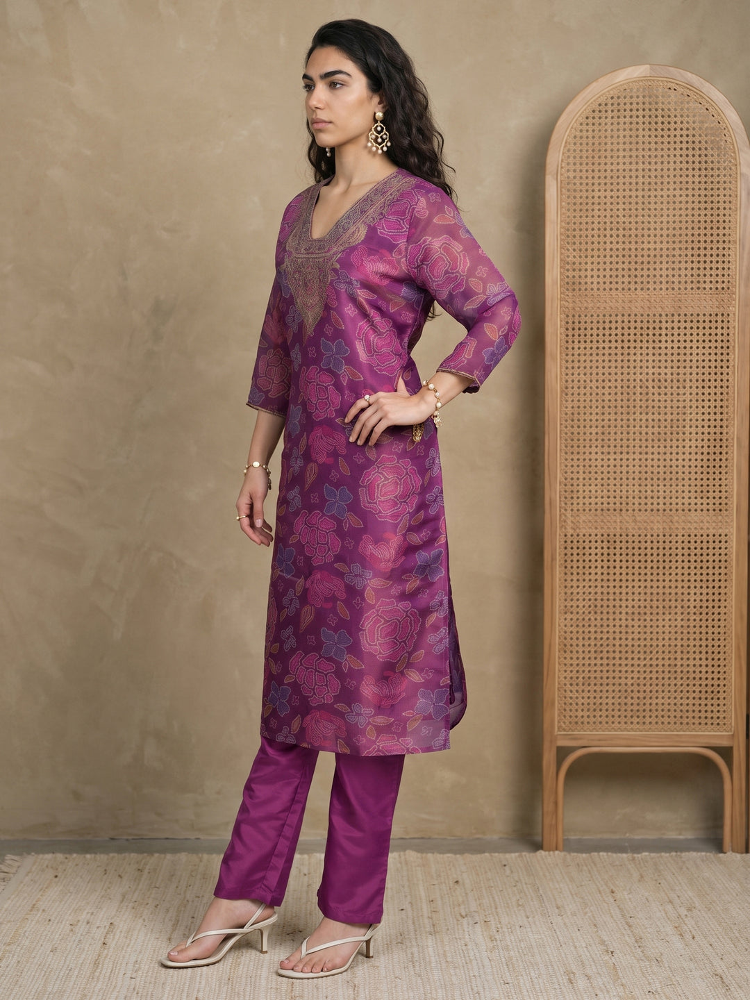 Libas Purple Bandhani Printed Tissue Straight Suit Set
