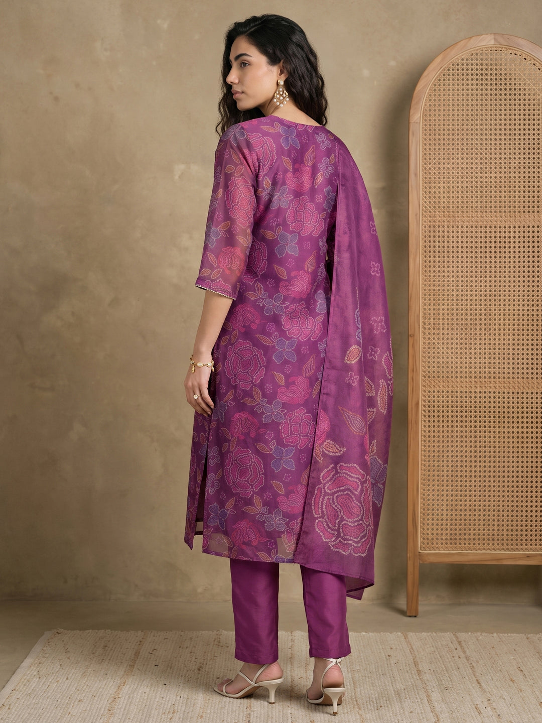 Libas Purple Bandhani Printed Tissue Straight Suit Set