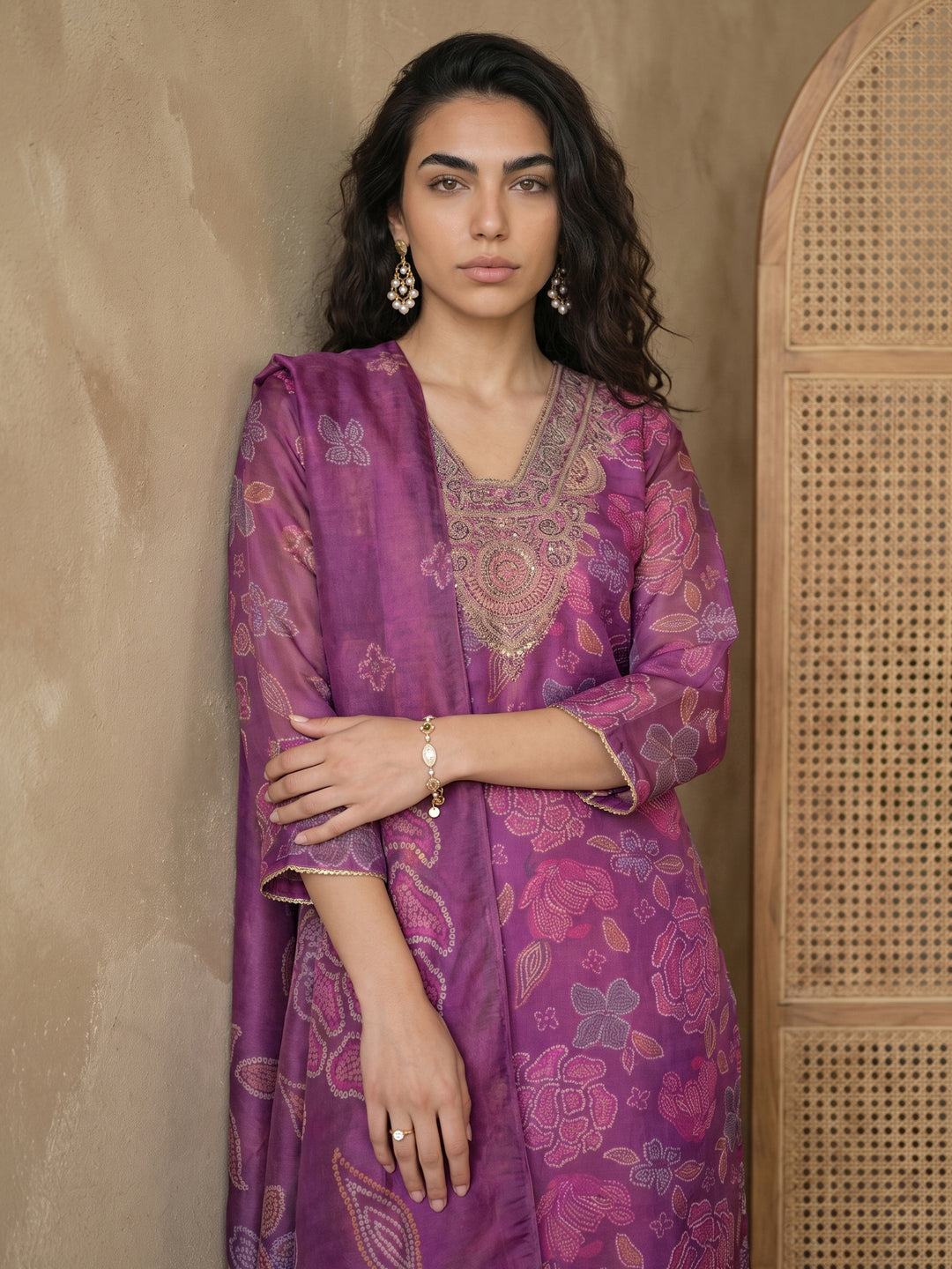Libas Purple Bandhani Printed Tissue Straight Suit Set
